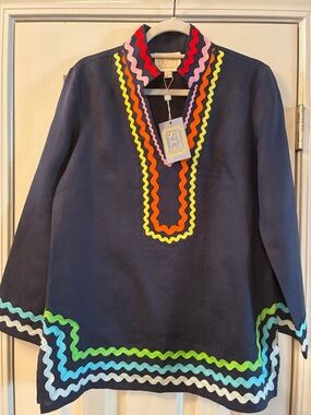 Sail to Sable Navy Linen Tunic with Bright Rickrack Trim